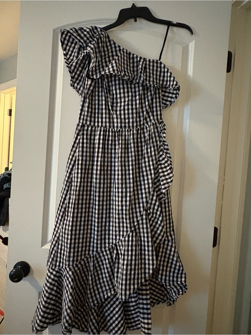 Adrianna Papell Black and White Gingham One-Shoulder Dress